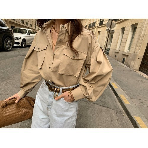 Single-breasted Loose Multi-pocket Puff sleeve Work Shirt