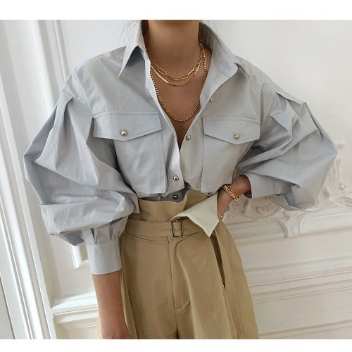 Single-breasted Loose Multi-pocket Puff sleeve Work Shirt