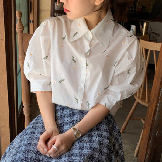 Embroidered Daisy Puff Sleeve Shirt