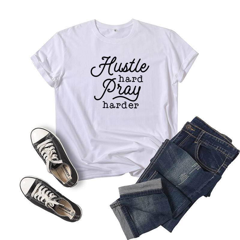 Hustle Hard Pray Harder T-shirt à manches courtes imprimé lettre