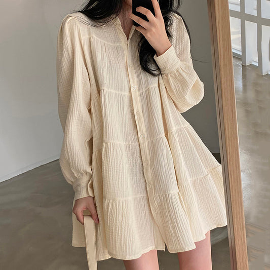 Simple Temperament Fold Puff Sleeve Short Doll Skirt Lapel Loose Feeling Single Breasted