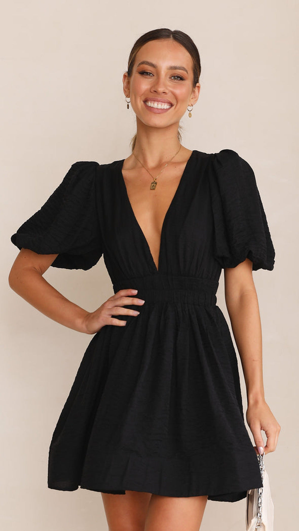 Robe à manches courtes pour femme, col en v, manches lanternes, coupe à la taille