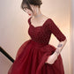 Wine Red Engagement Back Door Evening Dress Female Long Sleeve