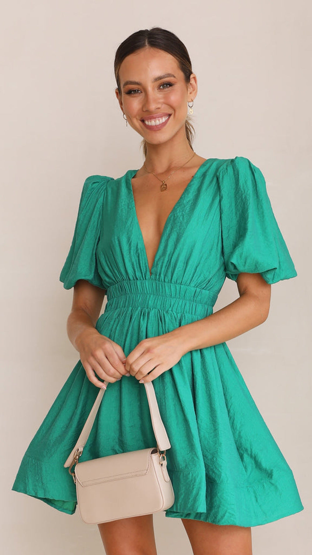 Robe à manches courtes pour femme, col en v, manches lanternes, coupe à la taille