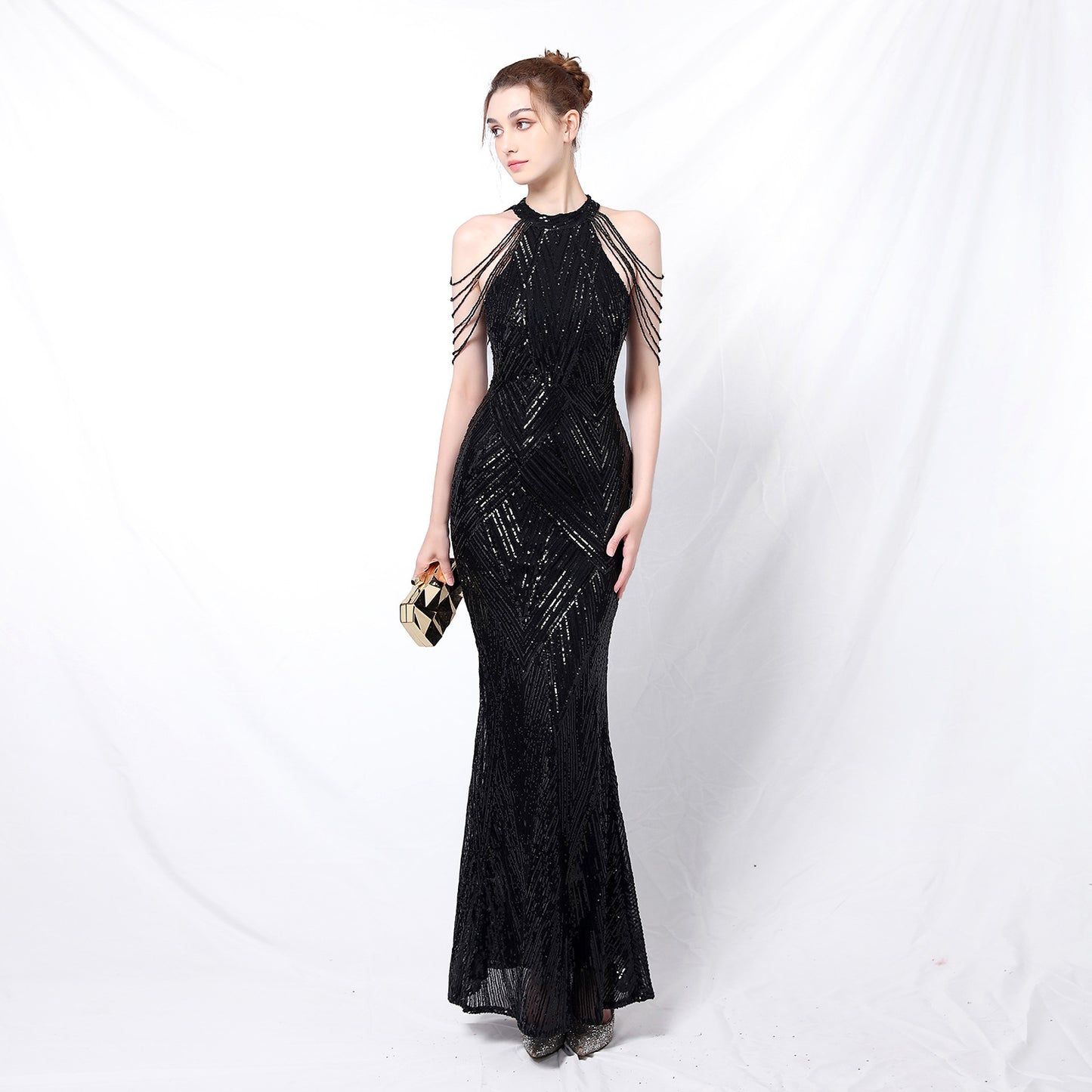 Backless Evening Dress Women Party Dress Long Wear Sequin Fabric Cheap