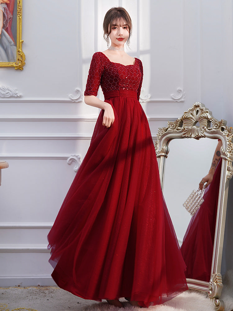 Wine Red Engagement Back Door Evening Dress Female Long Sleeve