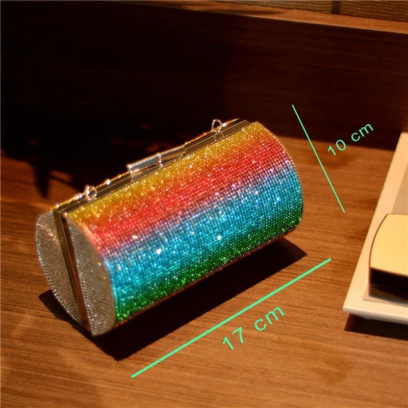 Rainbow Rhinestone Handbag Women Luxury Evening Bag Wedding Clutch Bag Diamond Cylinder Shoulder Bag ZD1739