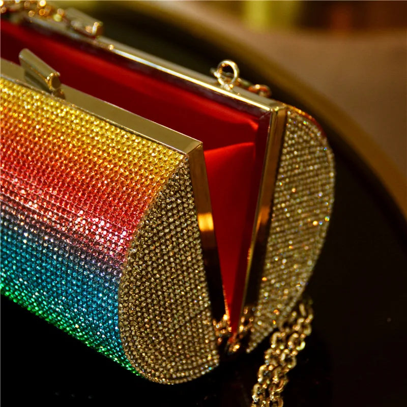 Rainbow Rhinestone Handbag Women Luxury Evening Bag Wedding Clutch Bag Diamond Cylinder Shoulder Bag ZD1739