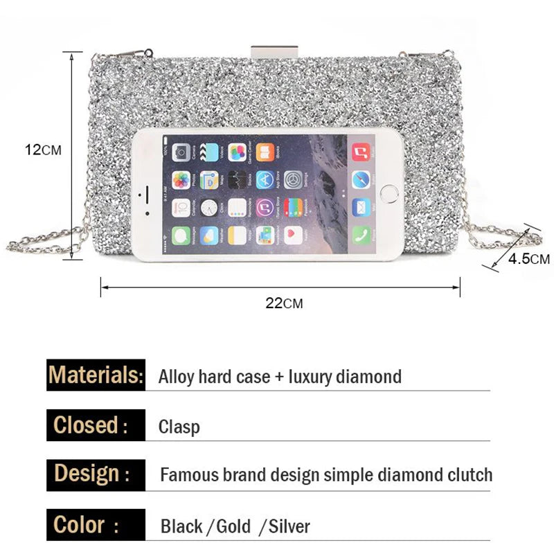 Women Evening Clutch Diamond Sequin Clutch Purse and Handbag for Party Banquet Black Gold Silver Two Chain Shoulder Bag