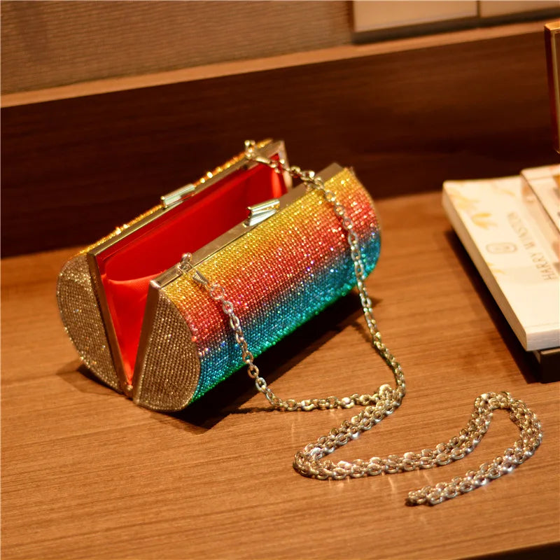 Rainbow Rhinestone Handbag Women Luxury Evening Bag Wedding Clutch Bag Diamond Cylinder Shoulder Bag ZD1739