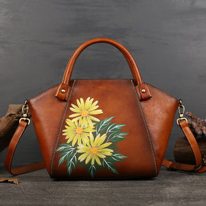 Retro Hand Painted Tote Bag in First Layer Cowhide Leather