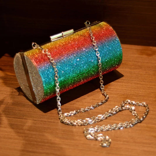 Rainbow Rhinestone Handbag Women Luxury Evening Bag Wedding Clutch Bag Diamond Cylinder Shoulder Bag ZD1739