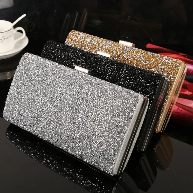 Women Evening Clutch Diamond Sequin Clutch Purse and Handbag for Party Banquet Black Gold Silver Two Chain Shoulder Bag