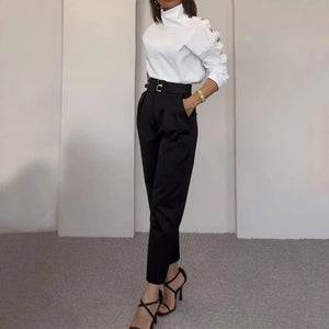 Fashion High Neck Oblique Shoulder Tops Blouse and Pants Women